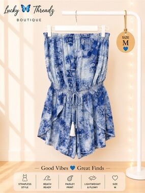 Blue Ocean Drive Paisley Strapless Romper Medium